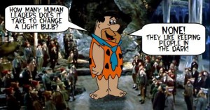 Fred Flintstone doing Seinfeld-like standup comedy for the L-Ms in one of their Faery Mounds